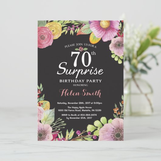 Surprise Floral 70ste verjaardag uitnodiging voor  (Staand voorkant)