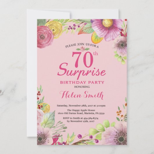 Surprise Floral 70th Birthday Invitation for Women Kaart (Voorkant)