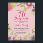 Surprise Floral 70th Birthday Invitation for Women Kaart<br><div class="desc">Verrassend Floral 70e verjaardag Uitnodiging voor vrouwen. Waterverf Floral,  roze achtergrond. 16e 18e 21e 30e 40e 50e 70e 80e 90e 100e. Elke leeftijd. Voor verdere aanpassing,  te klikken gelieve de knoop "van de Aanpassing het"en ons ontwerphulpmiddel te gebruiken om deze sjabloon te wijzigen.</div>