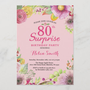 Surprise Floral 80th Birthday Invitation for Women Kaart