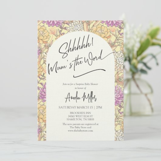 Surprise Floral Mum's the Word Baby Shower Kaart (Staand voorkant)
