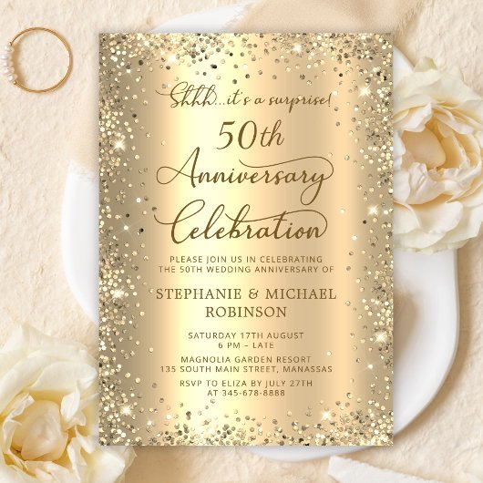 Surprise Gold Glitter 50th Wedding Anniversary Kaart