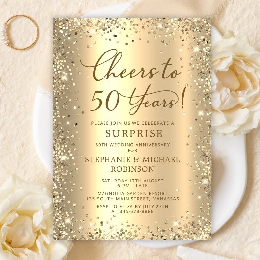 Surprise Gold Glitter 50th Wedding Anniversary Kaart