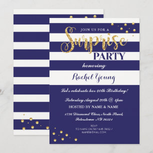 Surprise Gold Glitter Birthday Navy Stripe Invite Kaart