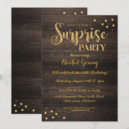Surprise Gold Glitter Wood Birthday Uitnodiging (Voorkant / Achterkant)