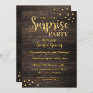 Surprise Gold Glitter Wood Birthday Uitnodiging