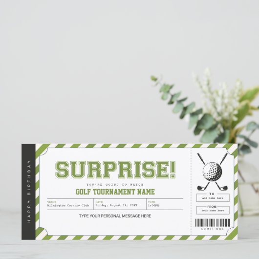 Surprise Golf Tournament Personalized Gift Ticket (Staand voorkant)