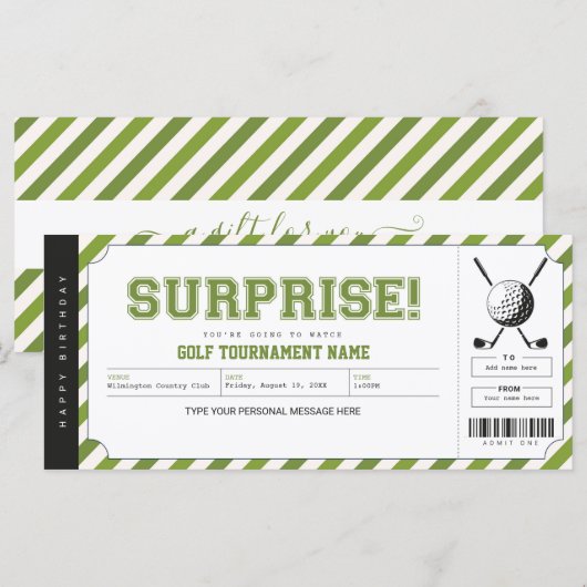Surprise Golf Tournament Personalized Gift Ticket (Voorkant / Achterkant)