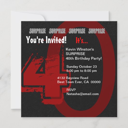 SURPRISE Grunge 40th Birthday Red en Black W203 Kaart (Voorkant)