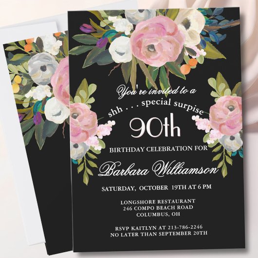 SURPRISE Handpainted Floral 90th Birthday Party  Kaart