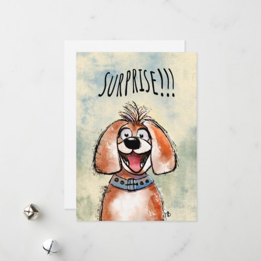 Surprise. Happy Dog! Funny card. Feestdagenkaart (Voorkant / Achterkant in situ)