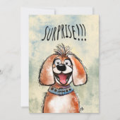 Surprise. Happy Dog! Funny card. Feestdagenkaart (Voorkant)
