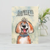 Surprise. Happy Dog! Funny card. Feestdagenkaart (Staand voorkant)