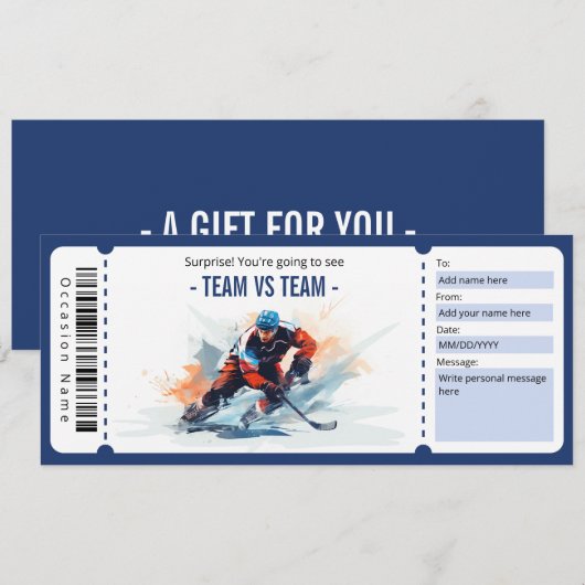 Surprise Hockey Game Ticket Cadeaubon Kaart (Voorkant / Achterkant)