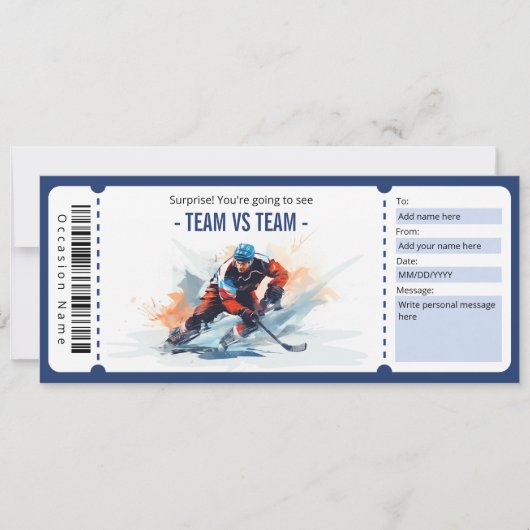 Surprise Hockey Game Ticket Cadeaubon Kaart (Voorkant)
