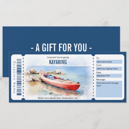 Surprise Kajakken Cadeaubon Sjabloon Kaart (Voorkant / Achterkant)