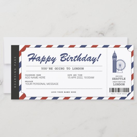 Surprise London Trip Boarding Pass Travel Ticket (Voorkant)
