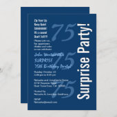 SURPRISE Modern 75th Birthday Navy Blue and White Kaart (Voorkant / Achterkant)
