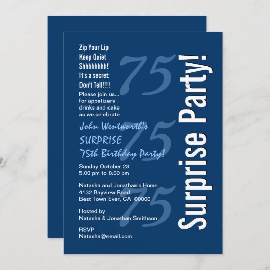 SURPRISE Modern 75th Birthday Navy Blue and White Kaart (Voorkant / Achterkant)
