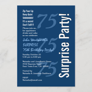 SURPRISE Modern 75th Birthday Navy Blue and White Kaart