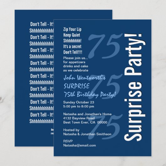 SURPRISE Modern 75th Birthday Navy Blue and White Kaart (Voorkant / Achterkant)