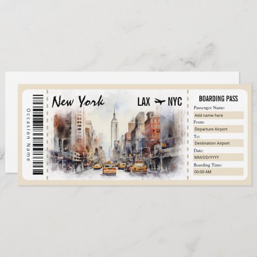 Surprise New York Boarding Pass Cadeaubon Kaart (Voorkant / Achterkant)
