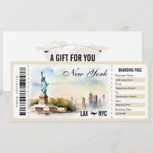 Surprise New York Boarding Pass Cadeaubon Kaart (Voorkant / Achterkant)