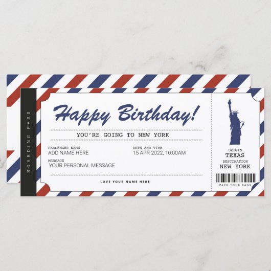 Surprise New York Trip Boarding Pass Travel Ticket (Voorkant / Achterkant)