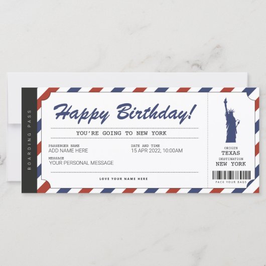 Surprise New York Trip Boarding Pass Travel Ticket (Voorkant)