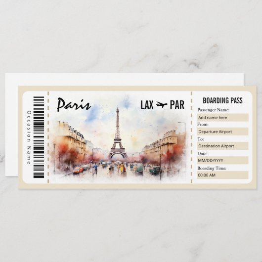 Surprise Paris Boarding Pass Cadeaubon INV Kaart (Voorkant / Achterkant)