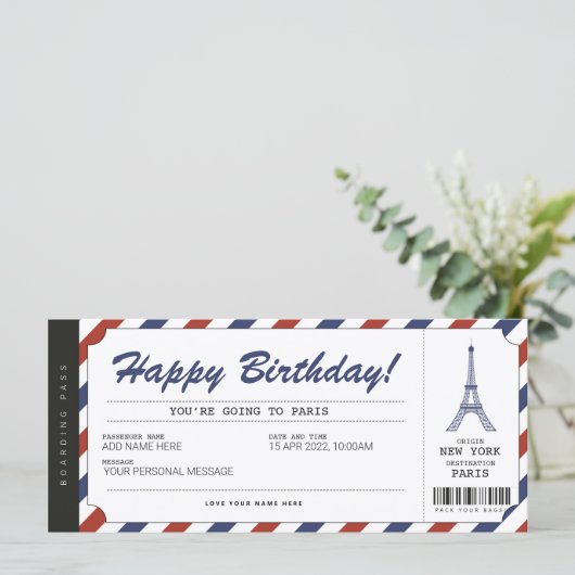Surprise Paris Trip boarding Pass Vacation Ticket (Staand voorkant)
