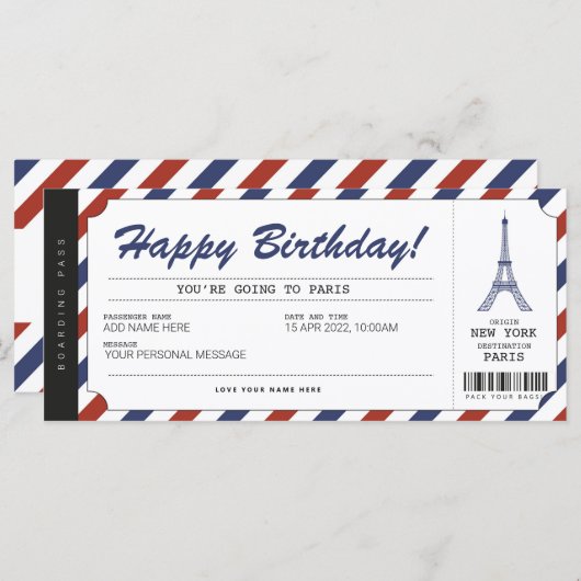 Surprise Paris Trip boarding Pass Vacation Ticket (Voorkant / Achterkant)