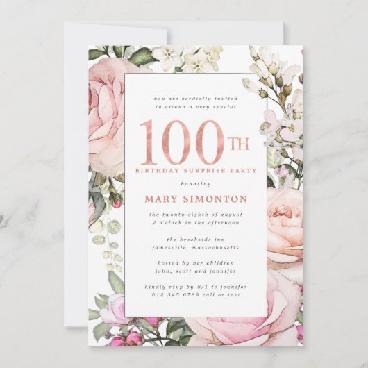 SURPRISE PARTY 100e verjaardag Blush Pink Bloemen Kaart (Voorkant)