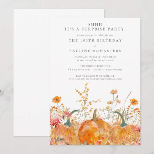 SURPRISE PARTY 100e verjaardag Pompoen Wildflower Kaart (Voorkant / Achterkant)