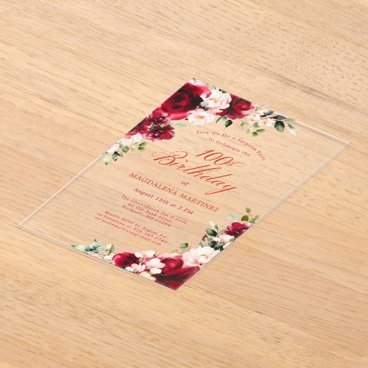 SURPRISE PARTY 100e Verjaardag Red Rose Pink Peony Acryl Uitnodigingen (Laagn)