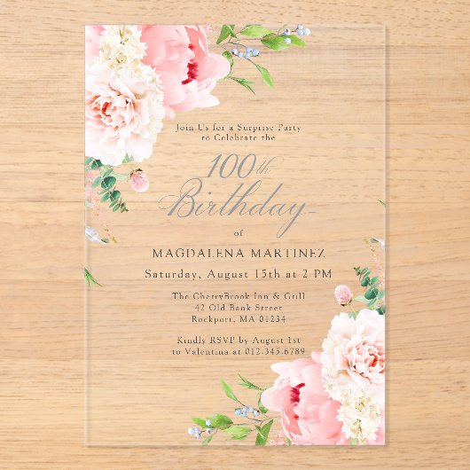 SURPRISE PARTY 100e Verjaardag Roze pioenroos Bloe Acryl Uitnodigingen (Voorkant)
