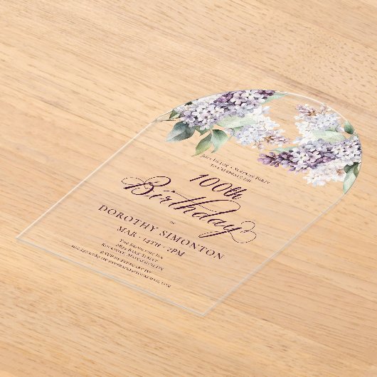 SURPRISE PARTY 100ste Verjaardag Paarse Bloemenboo Acryl Uitnodigingen (Laagn)