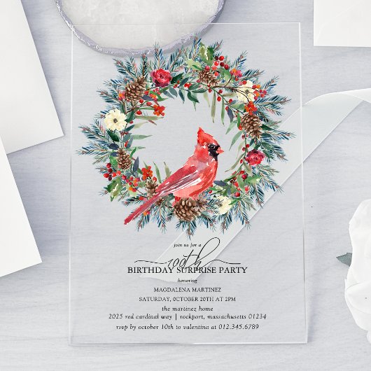 SURPRISE PARTY 100th Birthday Cardinal Wreath Acryl Uitnodigingen