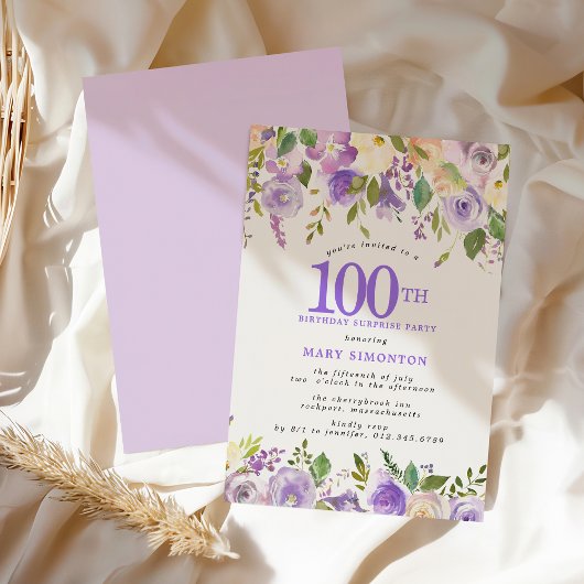 SURPRISE PARTY 100th Birthday Pretty Purple Floral Kaart