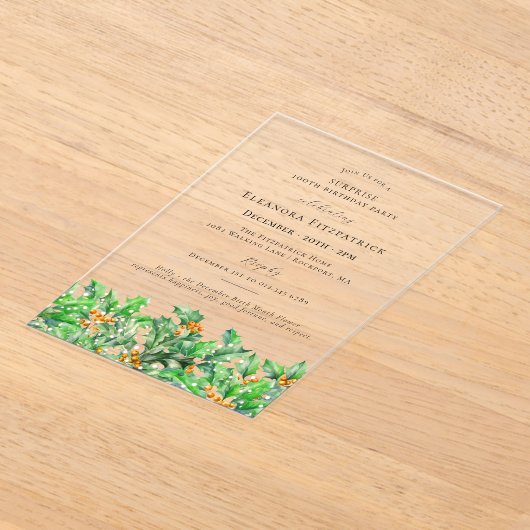 SURPRISE PARTY 100th Holly December Birth Flower Acryl Uitnodigingen (Laagn)