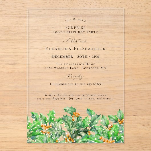 SURPRISE PARTY 100th Holly December Birth Flower Acryl Uitnodigingen (Voorkant)