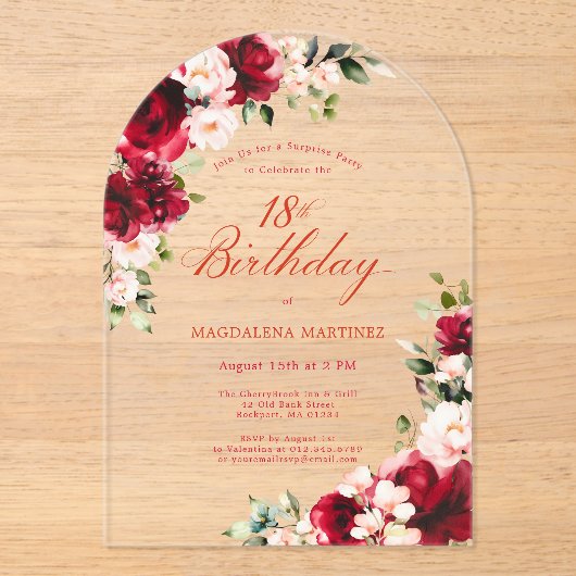 SURPRISE PARTY 18e Verjaardag Rood Roze Bloemenboo Acryl Uitnodigingen (Voorkant)