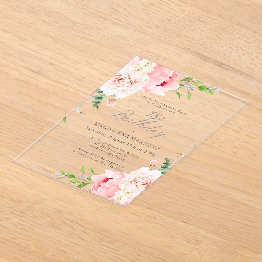 SURPRISE PARTY 18e Verjaardag Roze pioenroos Bloem Acryl Uitnodigingen (Laagn)