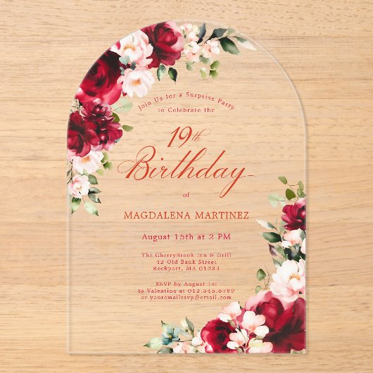 SURPRISE PARTY 19e Verjaardag Rood Roze Bloemenboo Acryl Uitnodigingen (Voorkant)