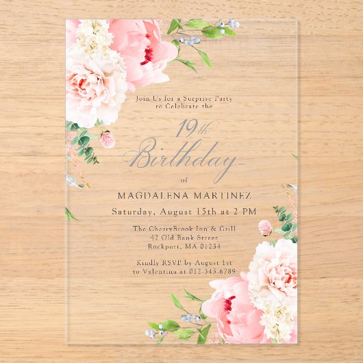 SURPRISE PARTY 19e Verjaardag Roze pioenroos Bloem Acryl Uitnodigingen (Voorkant)