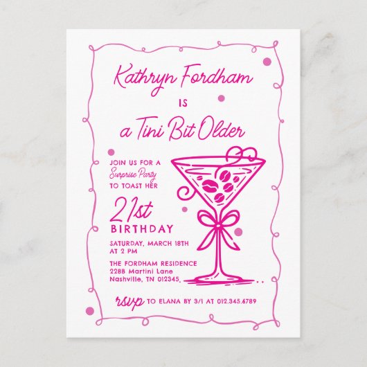 SURPRISE PARTY 21e verjaardag Pink Doodle Martini Uitnodiging Briefkaart (Voorkant)