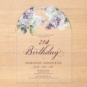 SURPRISE PARTY 21ste Verjaardag Paarse Bloemenboog Acryl Uitnodigingen (Voorkant)