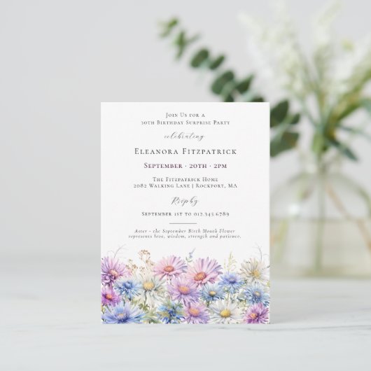 SURPRISE PARTY 30 Birthday September Birth Flower Uitnodiging Briefkaart (Staand voorkant)