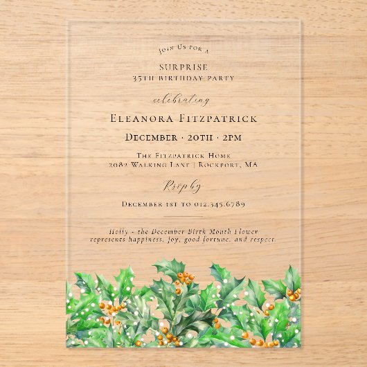 SURPRISE PARTY 35th Birthday Holly December Acryl Uitnodigingen (Voorkant)