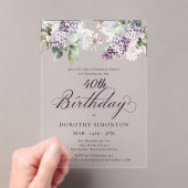 SURPRISE PARTY 40e Verjaardag Paarse Lila Bloemen Acryl Uitnodigingen (Insitu (Draagbaar))